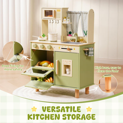 ROBUD Wooden Play Kitchen Set, Pretend Play Kitchen for Kids, Toy Kitchen with Microwave, Sink, Stove and Ice Maker, Toddlers Kitchen Playset Gift for Boys Girls, 3+ (Green)