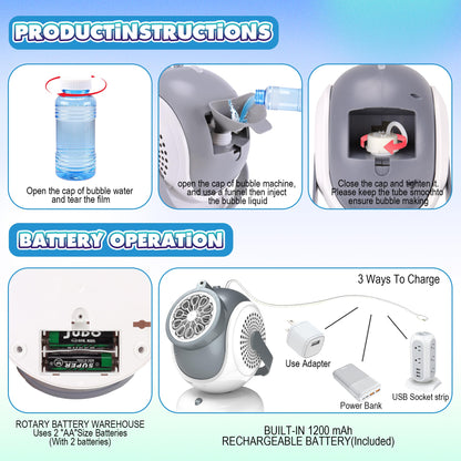 Big Bubble Machine - Automatic Bubbles Blower for Kids, Toddlers - 360° Oscillation & 75° Adjustment, Bubble Toys with LED Light - Gifts for Boys, Girls, Easter, Outdoor, Birthday, Party Use