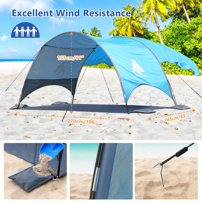 Flycoop 2026 Beach Tent with Floating Shade Sail – Portable & Ventilated Beach Umbrella Canopy with 360° Airflow, Dual Side Pockets & Extra Sun Coverage (3–4 People, 106 * 65 * 62"+75"*98" Sail)
