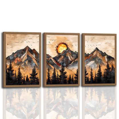 soonkiss Warm Tone Geometric Mountain Wall Art Set of 3, Abstract Sunset Forest Canvas Prints, Boho Nature Wall Decor for Living Room Bedroom Office 12x16 Inch