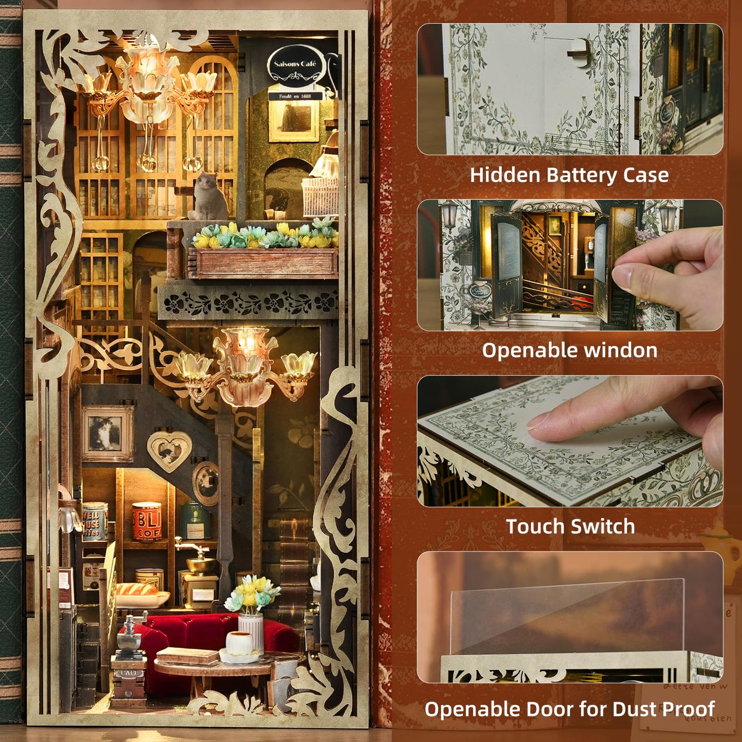 CCCDF Book Nook Kit - DIY Miniature House Coffee Shop Dollhouse Kit for Adults and Teens, 3D Wooden Puzzle Booknook Tiny House Bookshelf Decor, Gifts for Family, Friends (Saison Café)