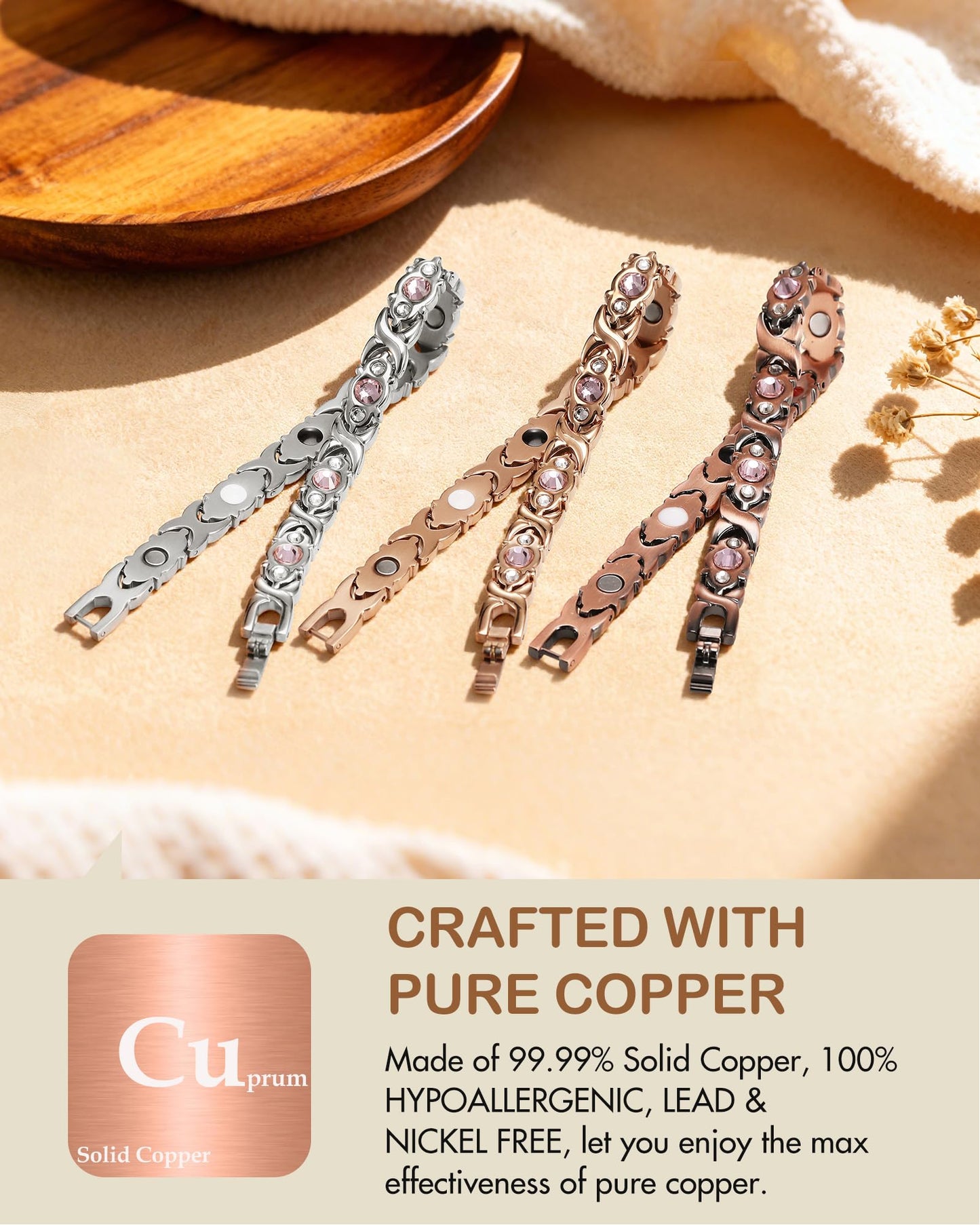 Feraco Pure Copper Bracelets for Women, 4 Elements Magnetic Bracelet with 3800 Gauss Neodymium Magnets & Dazzling Crystals, Adjustable Jewelry Gift (Copper)