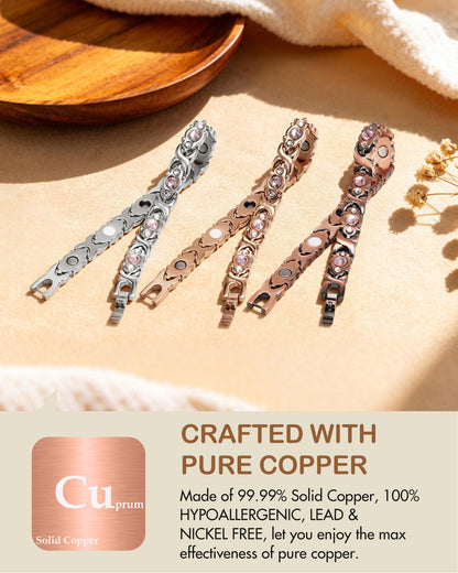 Feraco Pure Copper Bracelets for Women, 4 Elements Magnetic Bracelet with 3800 Gauss Neodymium Magnets & Dazzling Crystals, Adjustable Jewelry Gift (Rose Gold)