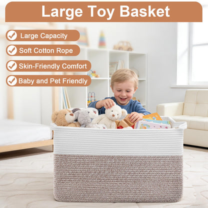 75L Extra Large Blanket Basket for Living Room - Cotton Rope Laundry Hamper Woven Baskets XXL Storage Bin with Handles for Dirty Clothes, Kids, Pets, Toys, Bedroom, 22" x 17" x 12", White & Brown