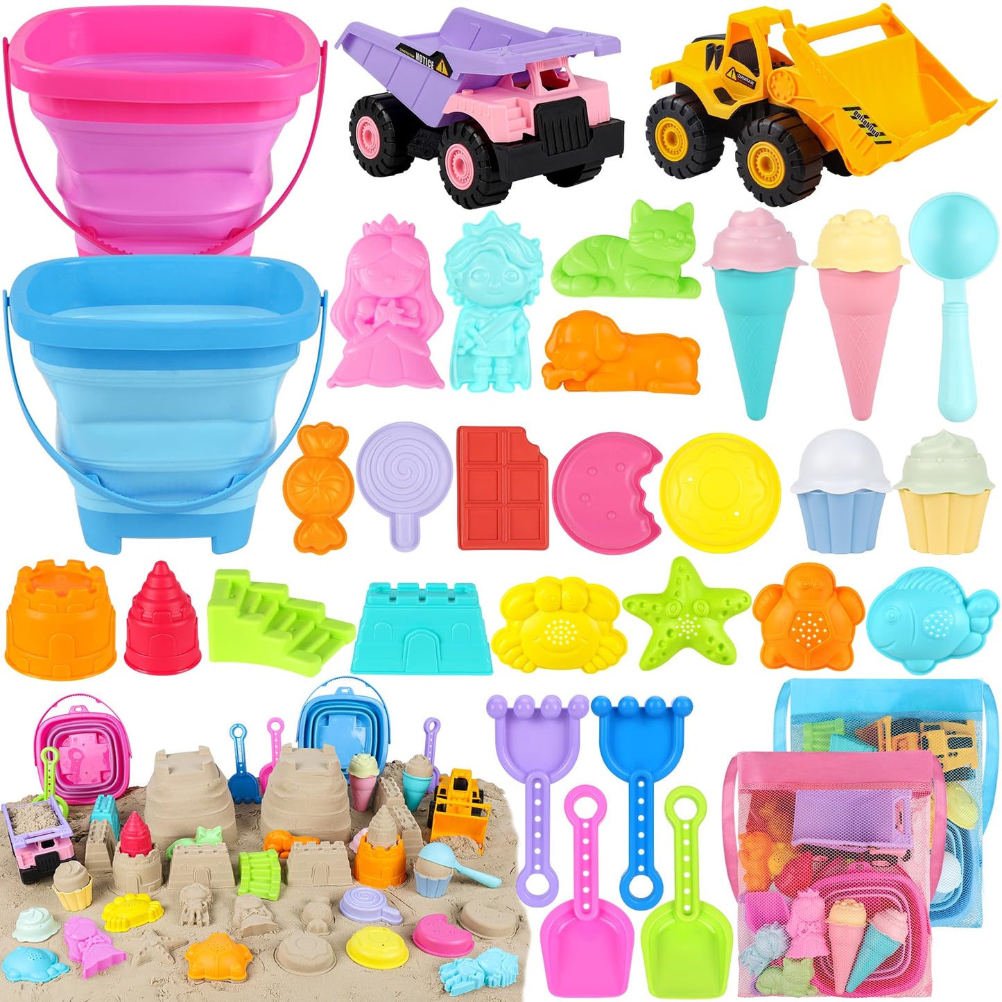EULRGAUS Beach Toys, 36 PCS Sand Toys with Construction Vehicles, Collapsible Bucket, Princess & Prince and Ice Cream Toys, Sand Castle Building Kit, Beach Shovel, Beach Games for Kids, Boys and Girls