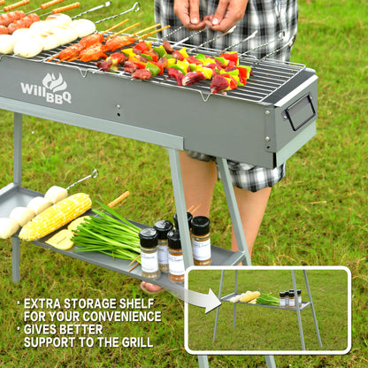 WILLBBQ Charcoal Grills Commercial Quality Portable Hibachi BBQ Lamb Skewer Detachable‌ Camping Barbecue Grill for Backyard Outdoor Cooking Use(31.6x7.1x5.1 inch)
