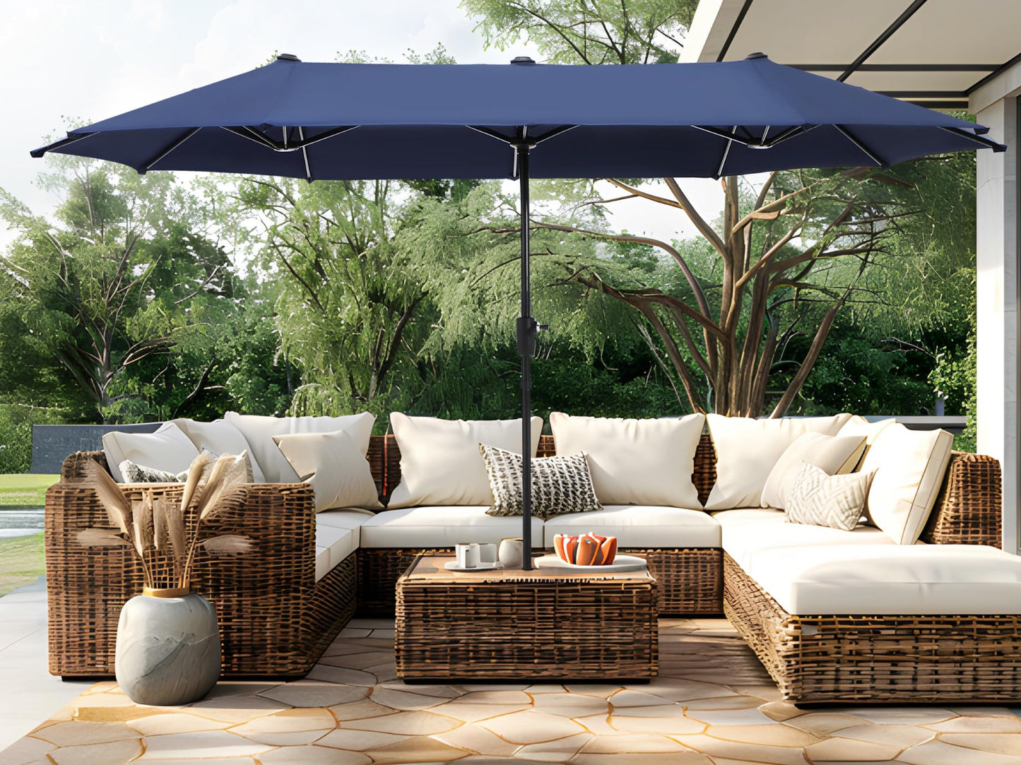 PHI VILLA 13ft Outdoor Market Umbrella Double-Sided Twin Large Patio Umbrella with Crank, Navy Blue