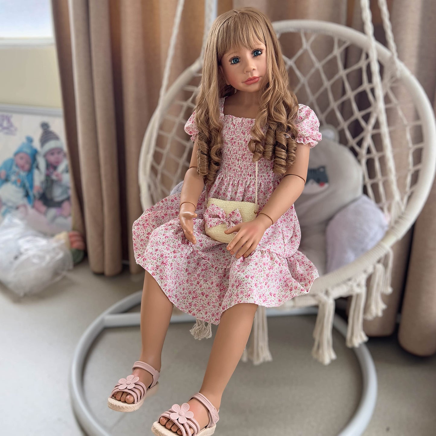 Pinky Reborn 47inch 120cm Reborn Toddler Doll,Huge Baby Full Body Hard Vinyl Smile Girls Real Child Realistic Newborn Toddler Dolls Girl Dress Model Brown Hair Girl Collectible Floral Dress (Pink)