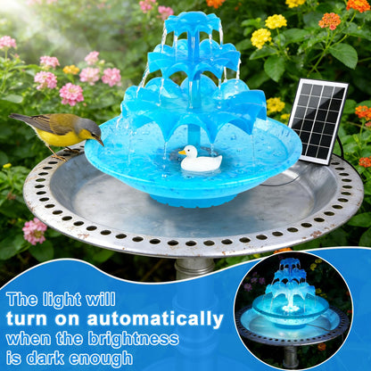 Yeomi 3-Tier Solar Fountain Pump with LED Lights, 24H Outdoor Water Feature, Detachable Design, Multi-Function Bird Bath Water Fountain for Garden Patio Yard Backyard Pond, 3.5W