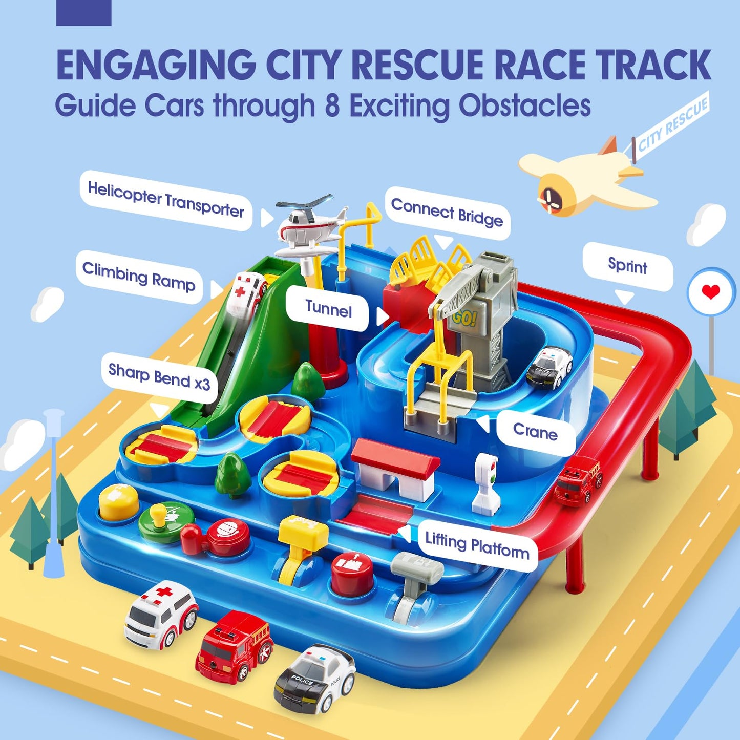 Toys for 3 Year Old Boys - Stem Kids Toys Boys 3-5, Large Race Track, 3 Year Old Boy Gift, Car Toys Rescue Playset for 4 Year Boy Birthday Gift Educational Learning Thinking Motor Skill Montessori Toy