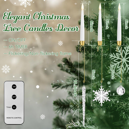 Baquler 12 Pcs Christmas Tree Candles with Remote, Flameless LED Taper Candles Battery Operated Lights with Ball Icicles Snowflake Hooks Xmas Hanging Decor for Winter New Year Party