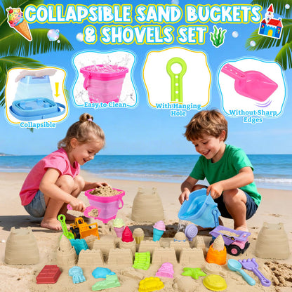 EULRGAUS Beach Toys, 36 PCS Sand Toys with Construction Vehicles, Collapsible Bucket, Princess & Prince and Ice Cream Toys, Sand Castle Building Kit, Beach Shovel, Beach Games for Kids, Boys and Girls