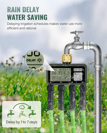 WILAWELS 4 Zone Brass Sprinkler Timer, Garden Hose Timer, Automatic Irrigation System, Programmable Faucet, 4 Outlets, with Rain Delay, Manual Mode,Child Lock, for Yard, Garden, Lawn, Green E14WT06
