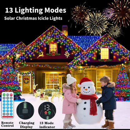 Aolupal Upgraded 640LED Solar Christmas Icicle Lights Outdoor Waterproof,60+16FT 13 Modes & USB Rechargeable Solar Powered Icicle Light for Roof House Yard Christmas Outdoor Decoration