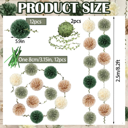 Tissue Paper Flowers Pom Pom Garland with Leaf Ribbon, 2 PCS 8.2ft Hanging Streamer for Wedding, Baby Shower, Rustic Boho Party Decor, Green Beige Neutral Tones, Reusable & Easy to Assemble
