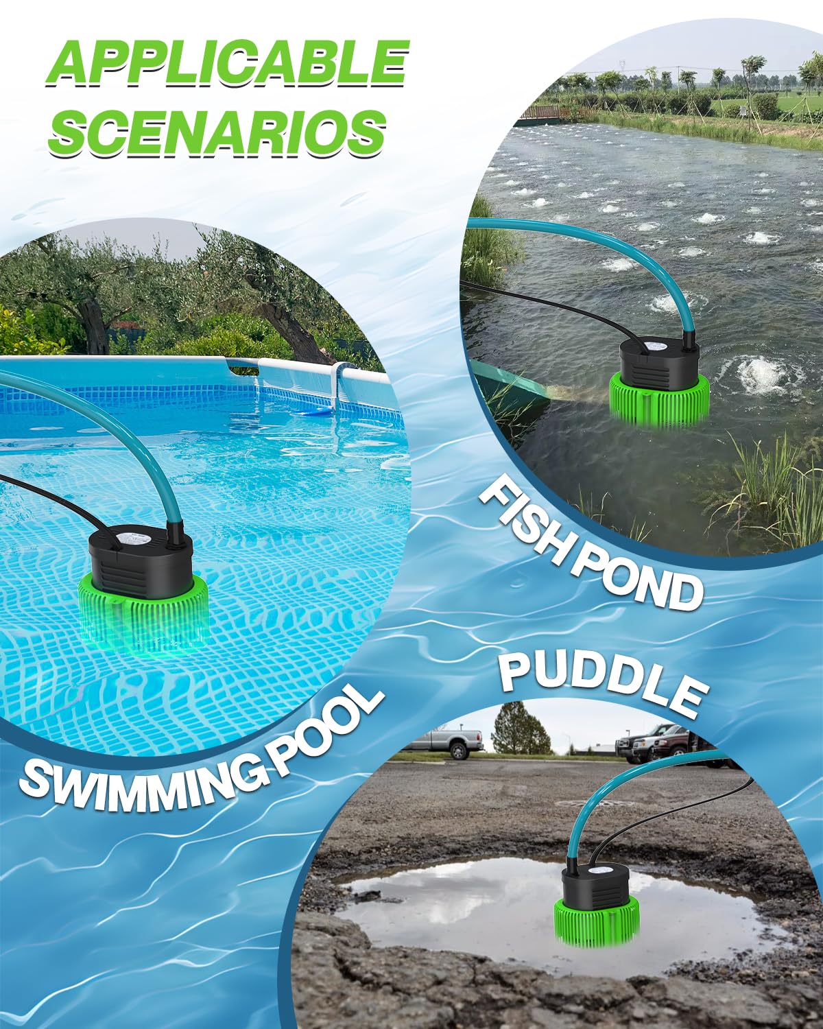 Pool Cover Pump above Ground - Submersible Water Sump Pump Swimming Water Removal Pumps, with Drainage Hose & 25 Feet Extra Long Power Cord, 850 GPH inGround, 3 Adapters