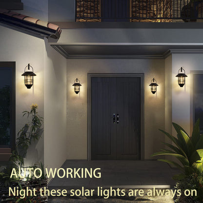 2 Pack Solar Lanterns Outdoor, Hanging Solar Lights for Outside Glass Metal with Wall Mount Bracket,Waterproof Auto Dusk to Dawn Garden Lantern for Fence Porch Decor- Warm White