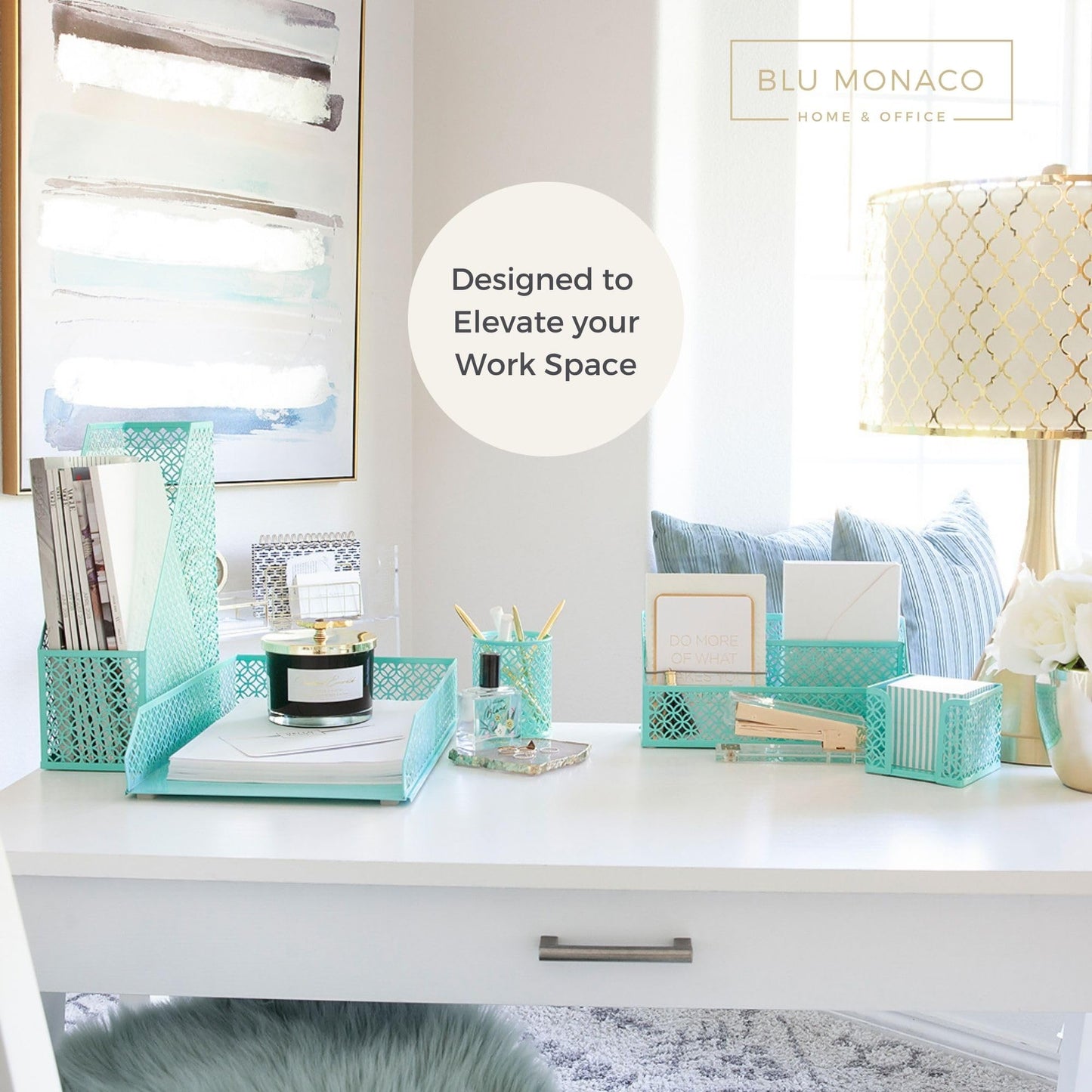 BLU MONACO Aqua - Teal 6 Piece Cute Desk Organizer Set - Desk Organizers and Accessories for Women - Cute Office Desk Accessories - Desktop Organization