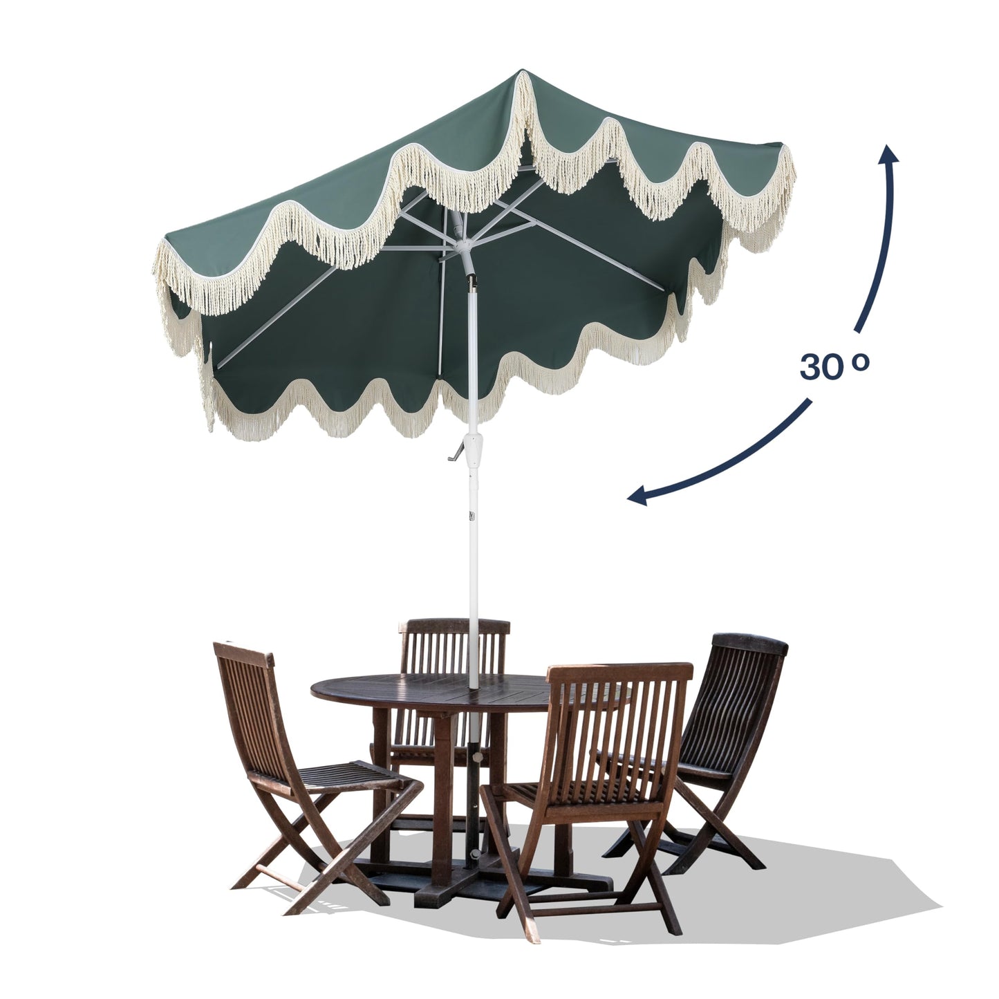 JONATHAN Y UMB1001K Collins 9 ft. Classic Cottage Fringe Tassel Market Patio Umbrella with Auto-Tilt Crank, Wind Vent and UV Protection in Green/Cream, White Pole