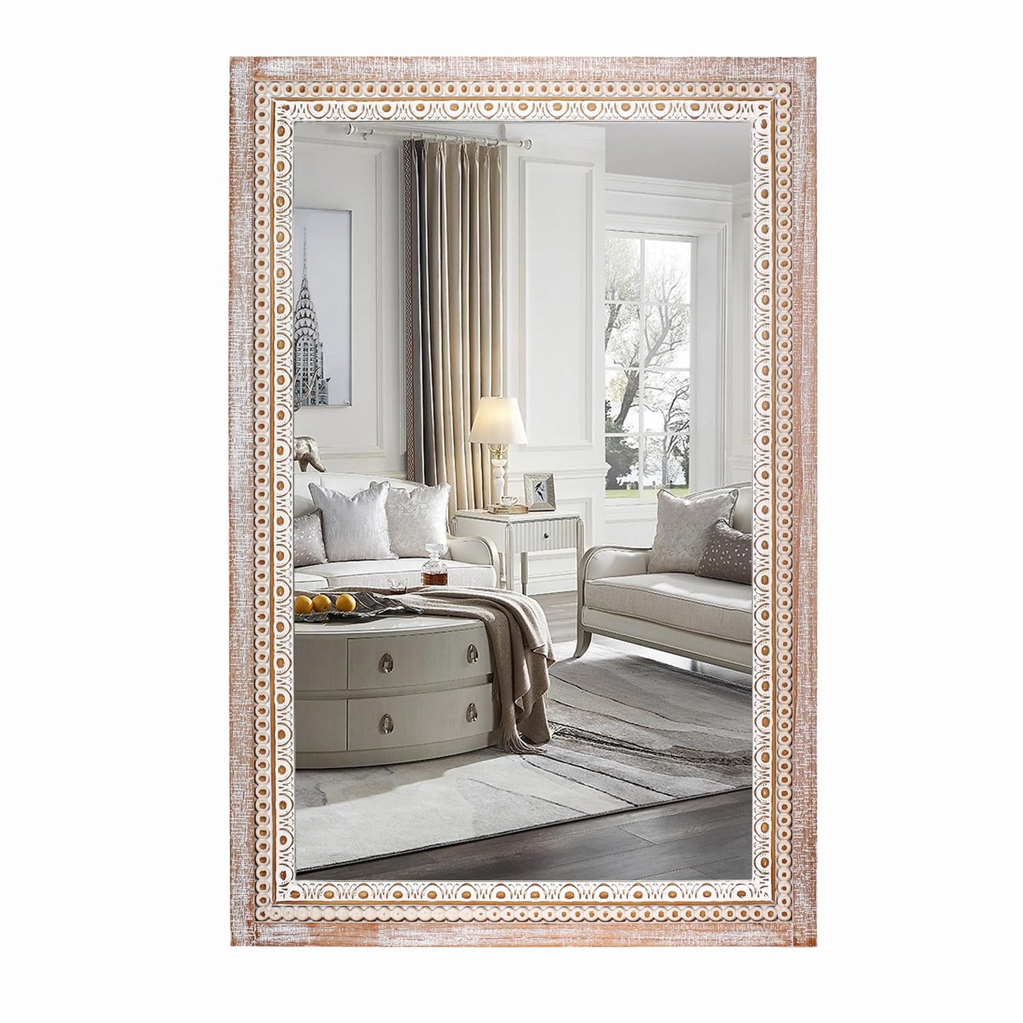 36x24 Inch Rustic Farmhouse Rectangle Bathroom Mirror Decorative, Boho Wooden Rectangular Mirrors for Wall Decor, Over Sink, Living Room, Entryway - Horizontal/Vertical Mounting