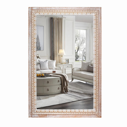 36x24 Inch Rustic Farmhouse Rectangle Bathroom Mirror Decorative, Boho Wooden Rectangular Mirrors for Wall Decor, Over Sink, Living Room, Entryway - Horizontal/Vertical Mounting