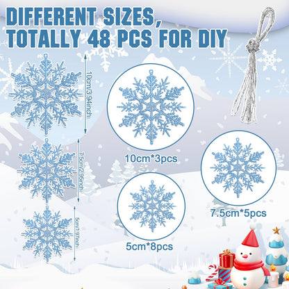Sumind 48 Pieces Winter Snowflake Ornaments 3 Sized 2, 3, 4 Inches Plastic Glittered Snowflakes Hanging Tree Decoration Winter Window Ornament Birthday Party Supply(Silver, Blue, Purple)