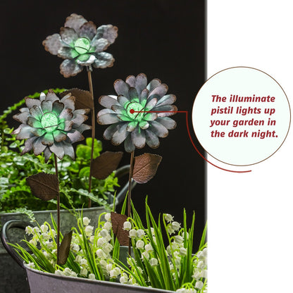 CEDAR HOME Galvanized Floral Garden Stake Outdoor Glow in Dark Plant Pick Water Proof Metal Stick Art Ornament Decor for Lawn Yard Patio, 4"W x 1.5"D x 13.8"H, 3 Set