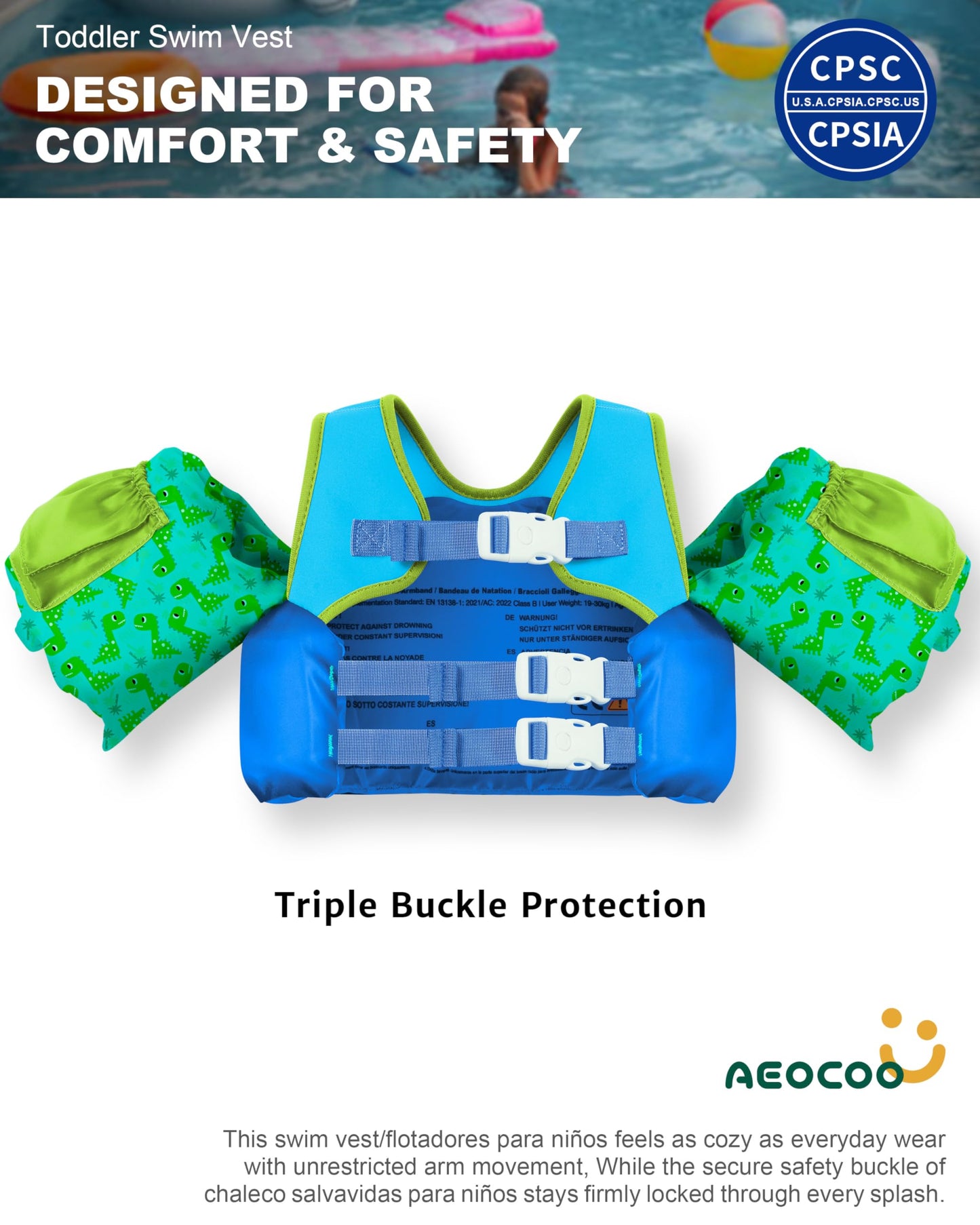 AEOCOO Puddle Float Jumper 20-30-50 Pounds, Toddler Swim Vest for 1-3-5 Years Old, Pool Floats with Swimming Arm Floaties Swim Jacket with Water Wings for Kids Swimmies, Boys, Girls, Niños, Dinosaur