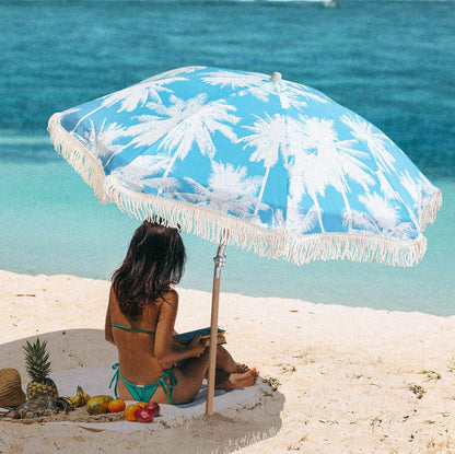 STANDERECT 6.5Ft Boho Beach Umbrella with Fringe, Tassel Umbrellas with Tilting Wood Pole & Carrying Bag, UPF 50+ for Beach (Palm)