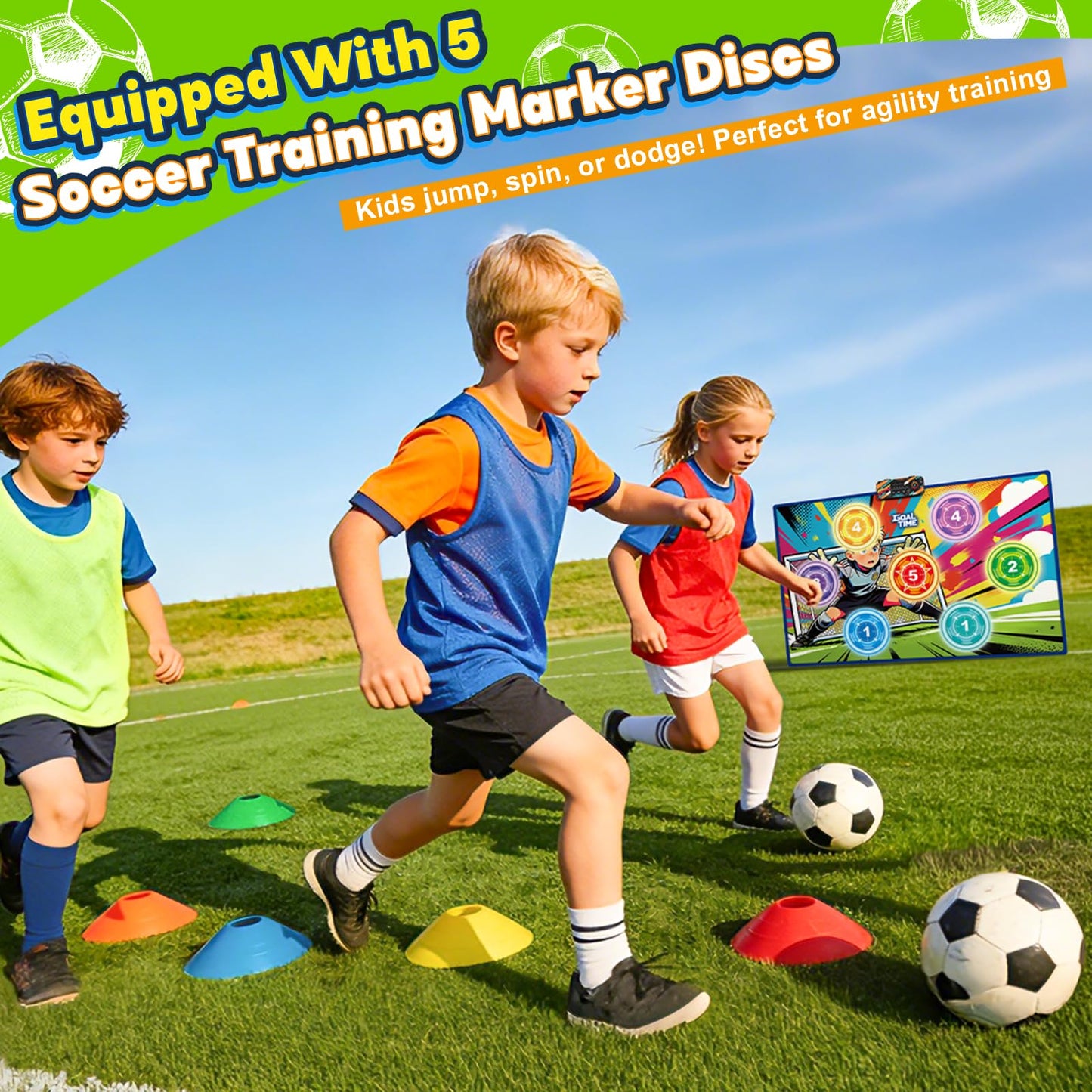 Electronic Scoring Soccer Toy Game Set for Kids with 5 Training Disc&2 Soft Balls,Indoor Outdoor Soccer Target Game Real-time Scoring 3 Modes Birthday Gifts for 3 4 5 6 7 8 9 10+ Years Old Boys Girls