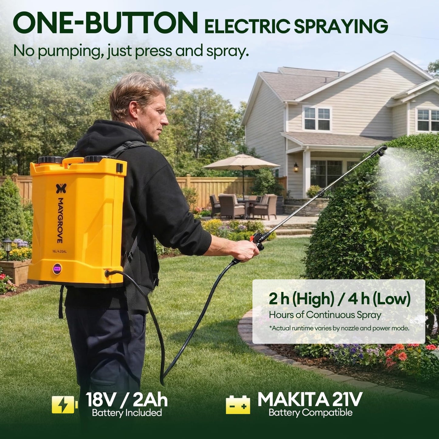 MAYGROVE 4.2 Gal Electric Backpack Sprayer, 2-4h of Continuous Spray, Equipped with Adjustable Wand & 5 Nozzles, Auto Spraying for Garden, Lawn Care, Fertilizing & Weed Control (Battery Included)