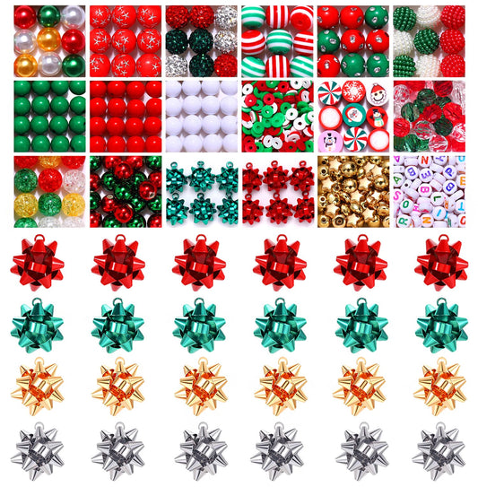NVENF 600PCS+ Christmas Beads Charms for Jewelry Making, Metallic Christmas Bow Charms, Red Green Clay Beads, Assorted Rhinestone CCB Beads Gold Spacer Beads for DIY Bracelet Necklace Crafts