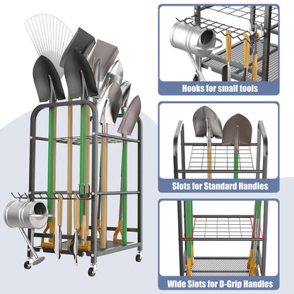 WALMANN Garden Tool Organizer with Wheels for Garage, Rakes/Shovels/Yard Tools Stand for Garden, Shed, Indoor/Outdoor Long-Handled Tools Rolling Cart(Small)