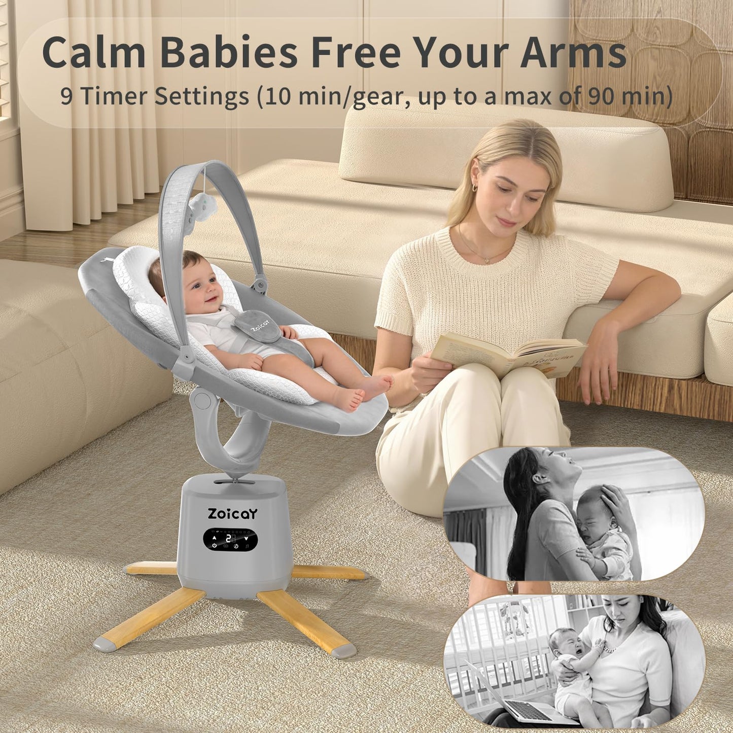 Baby Swings for Infants, Zoicay Electric 3D-Motion Baby Swing with 9 Modes & 8 Speeds, 360° Rotating Seat, APP & Remote Control, 6 Lullabies, Portable Infant Swing for Indoor and Outdoor(Gray)