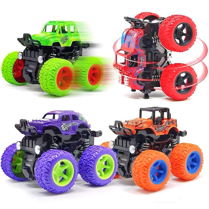 LEFEI Monster Truck for Boys 3 4 5 6 7 Year Old,4 Pack Push and Go Friction Powered Car Toys, Double-Directions Inertia Pull Back Vehicle Set,Birthday Party Gift for Kids
