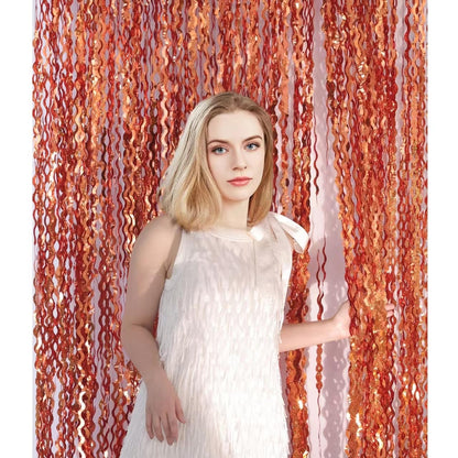 4 Pack 3.3x6.6ft Wavy Orange Foil Fringe Backdrop Curtains -Tinsel Streamers Metallic Foil Fringe Backdrop Door for Halloween, Graduation,Baby Shower,Gender Reveal