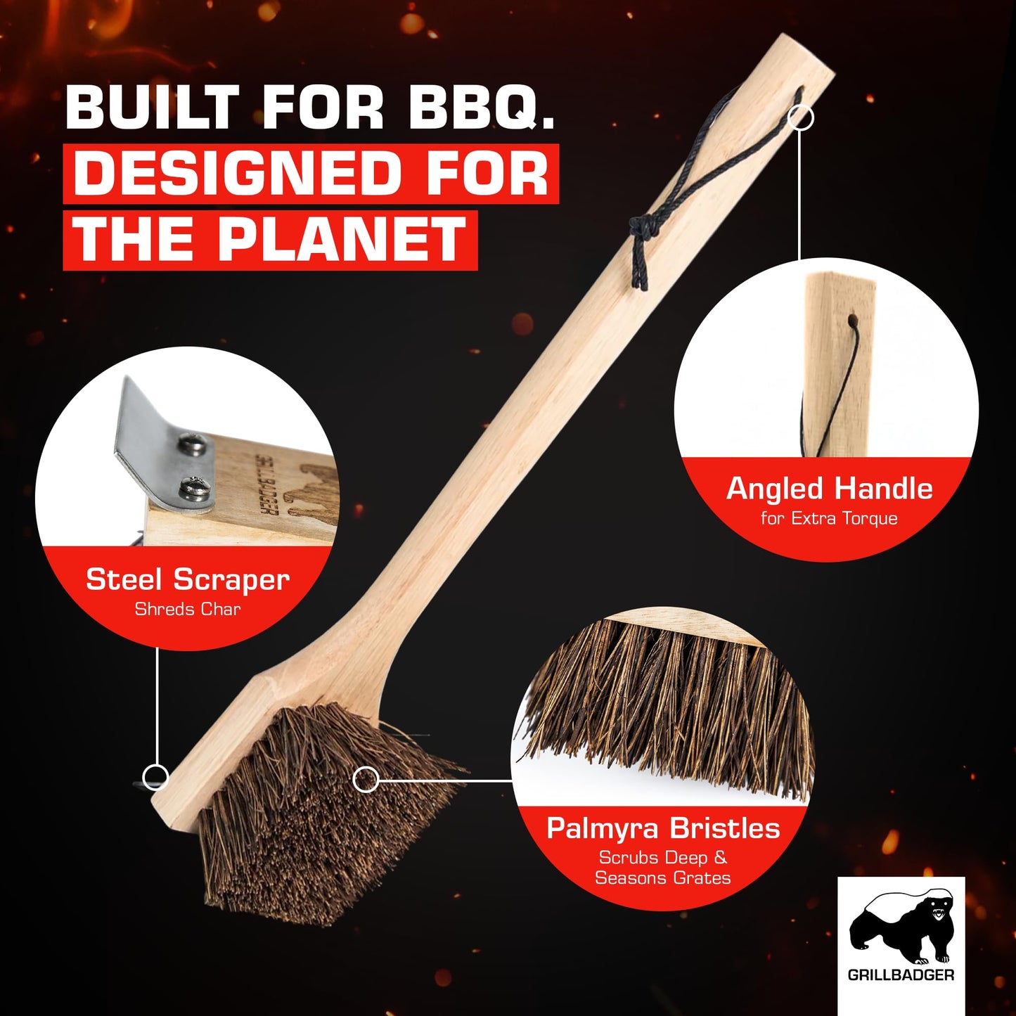Grillbadger The Original Non Metal Grill Brush for Outdoor Grill | High Temp Heat Resistant BBQ Cleaning Brush | Long Lasting Wooden BBQ Cleaner with Scraper, Safe for Cast Iron Grates - Natural Wood