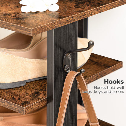HOOBRO 8 Tiers Vertical Shoe Rack, Wooden Shoe Storage Organizer with Hooks, Narrow Shoe Tower for 8 Pairs, Space Saving, for Entryway, Living Room, Bedroom, Rustic Brown BF07XJ01G1