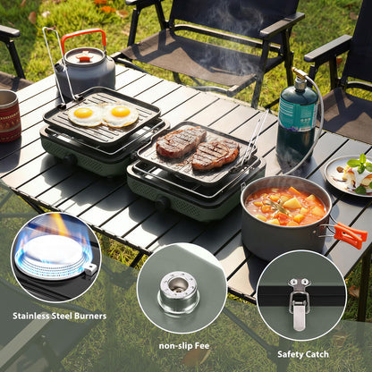 Hisencn Camping Stove,2 Burner Propane Camping Stove,Dual Griddles,30,000 BTU Portable Propane Stove with Carry Bag,Outdoor Cooking Stove set for Camping Gear,RV Essentials,Camp Gifts for Man,Green