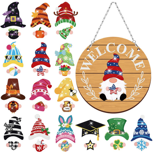 31pcs Interchangeable DIY Gnome Welcome Sign Magnetic Diamond Art Painting Kit for Front Door, Detachable Hat Holiday Decor with Tools, Mother's Day Handmade Gift for Wall Door(Light Wood Color)