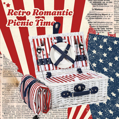 Wicker Picnic Basket for 2 with Waterproof Picnic Blanket and Insulated Bag, Patriotic Red White and Blue Star Pattern for Soccer Game, Camping, Travel, Birthday Gift, Wedding Gift