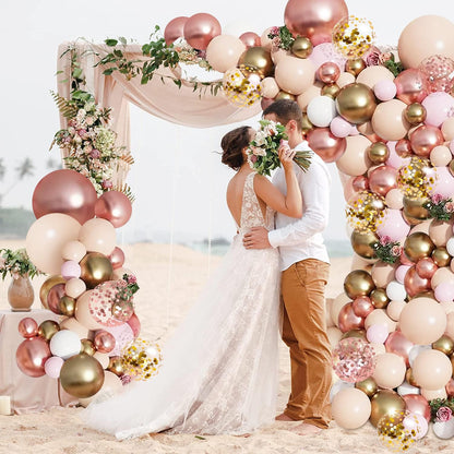 Rose Gold Balloon Garland Kit, Nude Pastel Pink Metallic Gold Matte White Balloons Gold and Rose Gold Confetti Balloons for Valentines Day Wedding Bridal Shower Party Girl Birthday Decorations
