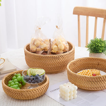 Hand-Woven Stackable Rattan Basket, Set of 3, Fruit Bread Serving Bowls, for Farmhouse Kitchen Storage & Decor