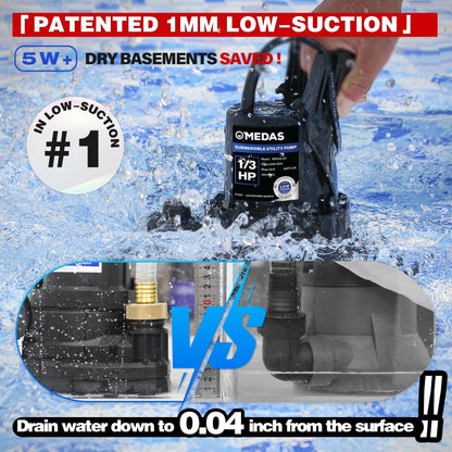 MEDAS Portable Sump Pump for Swimming Pool, Garden Pond, Basement Water Removal with 10ft Power Cord 1/3HP