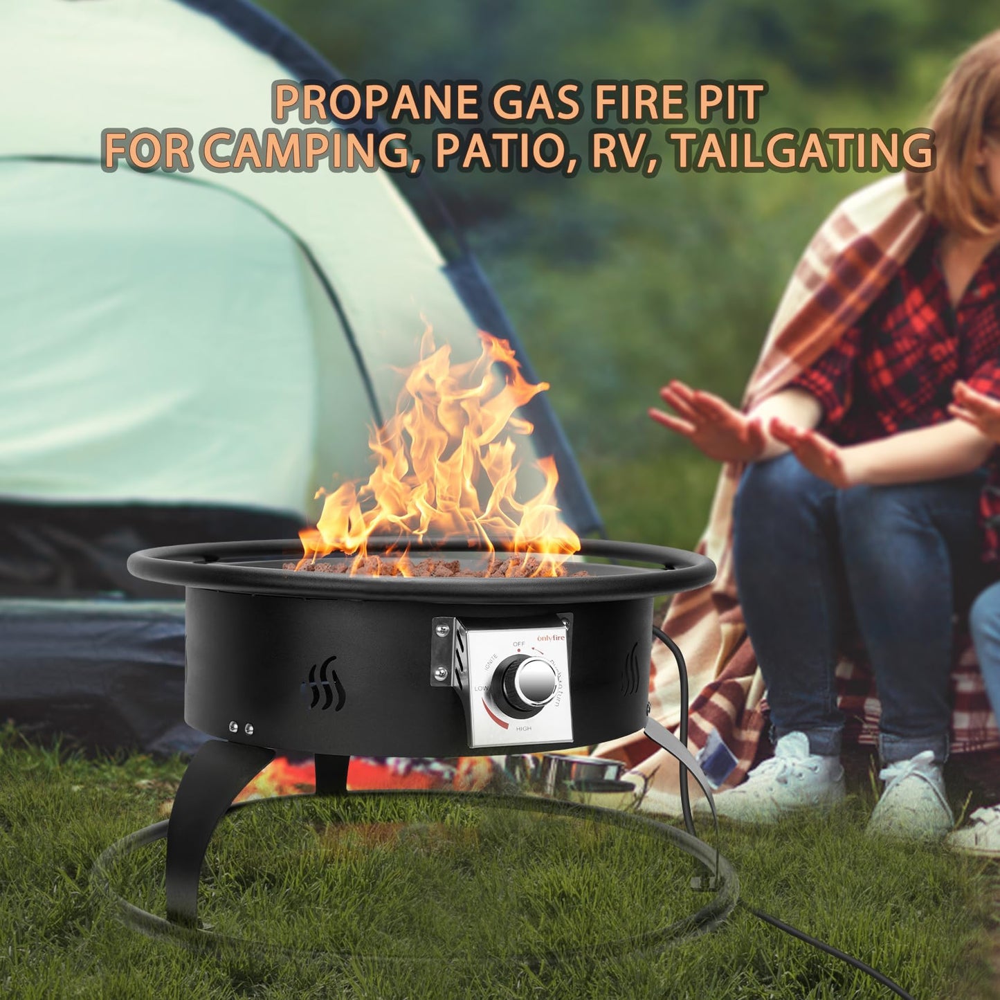ONLYFIRE OUTDOOR LIVING Propane Gas Fire Pit 22¡±, Portable Smokeless Fireplace with 12Ft Hose & Lava Rocks, FirePit for Patio Backyard Bonfire Camping RV Tailgating Beach Party, 55000BTU, #FP001