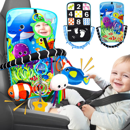 Innofans Baby Car Seat Ocean Animals Toys - Kick and Play Double Sided Infant Car Seat Toys with Plush Toys, Mirror, Teether for Baby Travel Activities, Christmas Birthday Gifts Newborn Infant Toy