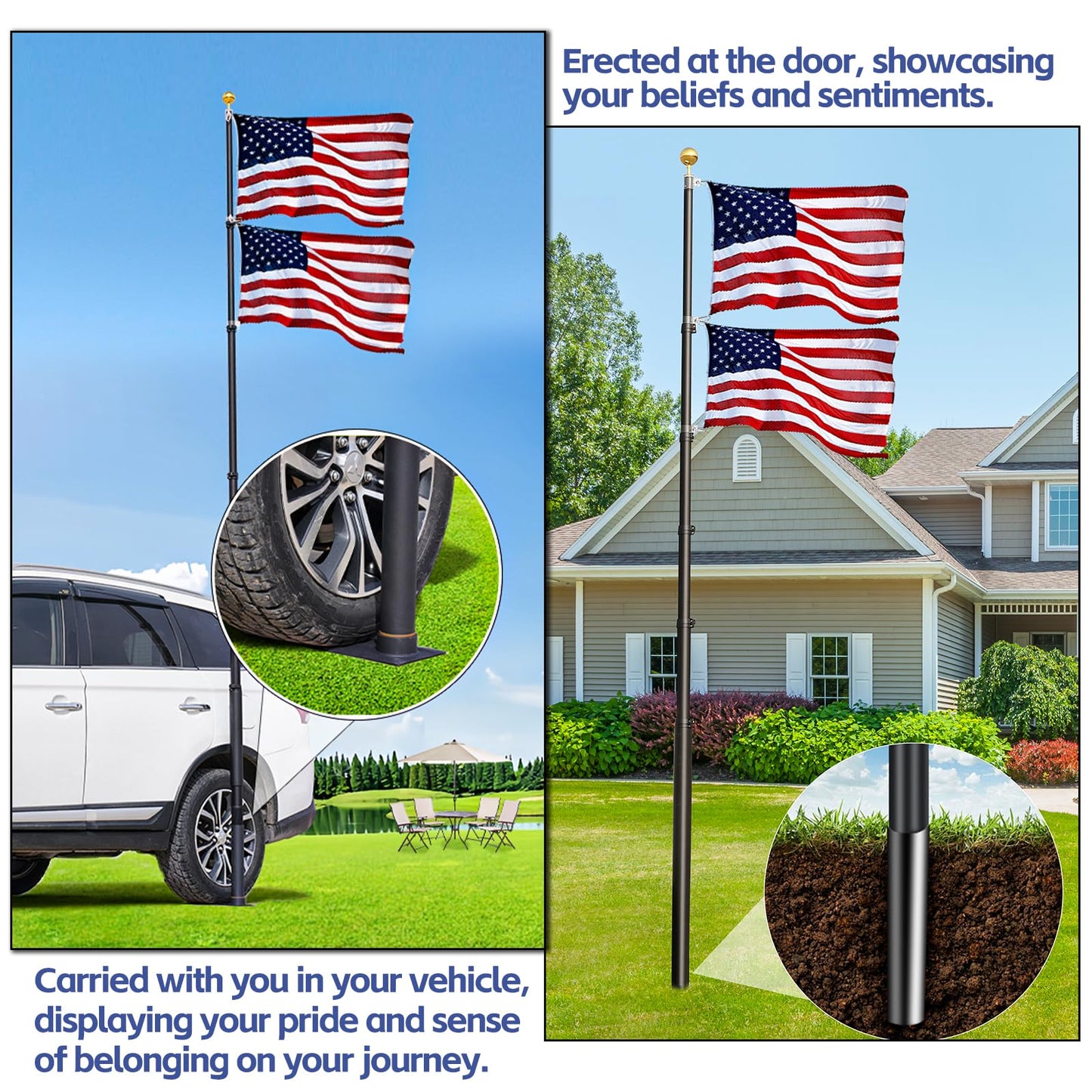 20FT Tailgate Flag Pole with Tire Mount, Fits RV Pickup SUV Sedan, Portable RV Flag Pole with 20" High-Density Foam Protective Tube, Thickened Aluminum Flag Pole with an Flag, 60 MPH, Dual Flag Mount