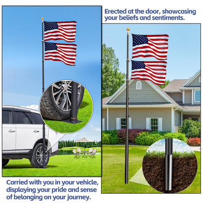 20FT Tailgate Flag Pole with Tire Mount, Fits RV Pickup SUV Sedan, Portable RV Flag Pole with 20" High-Density Foam Protective Tube, Thickened Aluminum Flag Pole with an Flag, 60 MPH, Dual Flag Mount