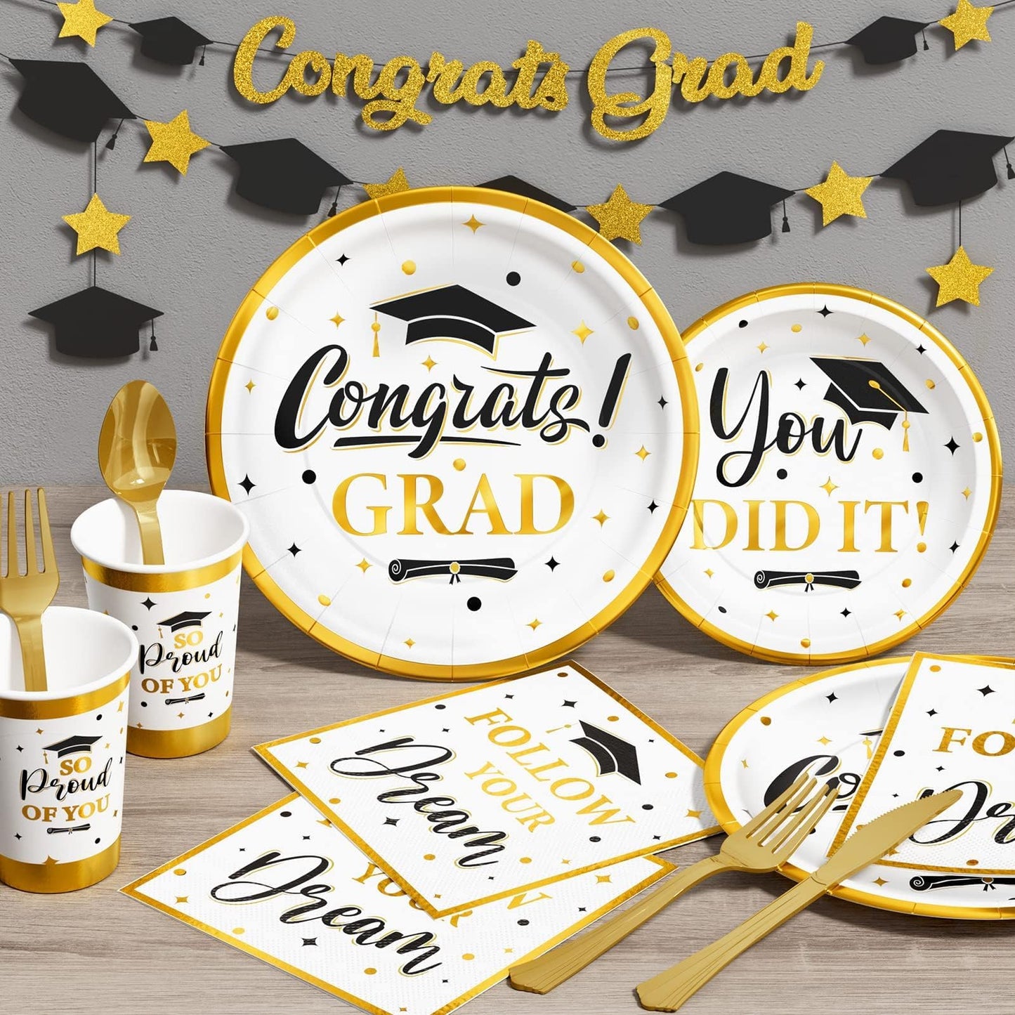 Ecomore Graduation Decoration Class of 2026, 350PCS Graduation Party Supplies Disposable Dinnerware(Serve 50) with Paper Plates Cup Napkin Fork Knife Spoon College High School Grad Decor(White & Gold)