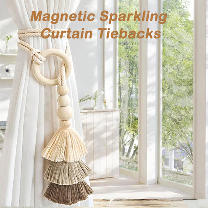 SRG Rope Curtain Tiebacks with Tassel Boho 2 PCS Handmade Wooden Ring Curtain Tie Backs Accessories Wall Decoration Drapery Curtain Holdbacks for Bedroom Window